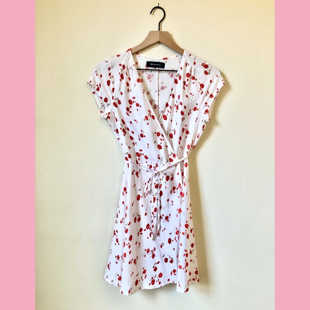 Reformation Red Floral Print Wrap Dress